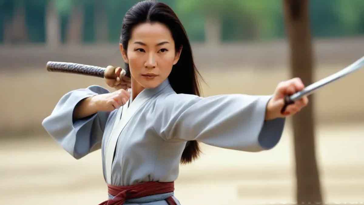 Famous Chinese martial artist girl Michelle Yeoh during practice with sword