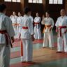 Martial arts students during martial arts oath with their instructor in hall